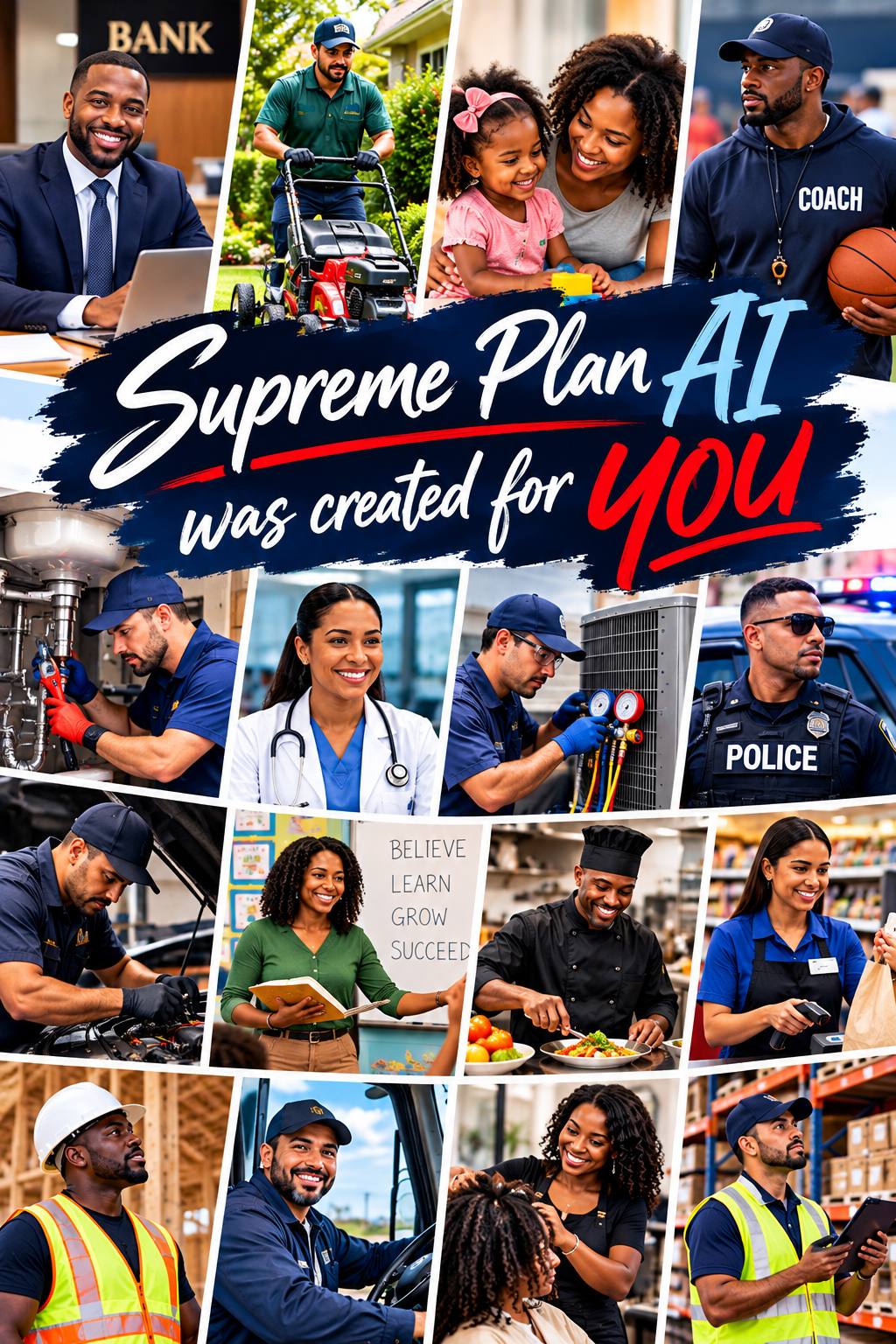 Supreme Plan AI was created for you: a collage of everyday people, including a banker, landscaper, coach, plumber, nurse, HVAC technician, police officer, mechanic, teacher, chef, store clerk, construction worker, truck driver, hair stylist, warehouse worker and a mother with her daughter