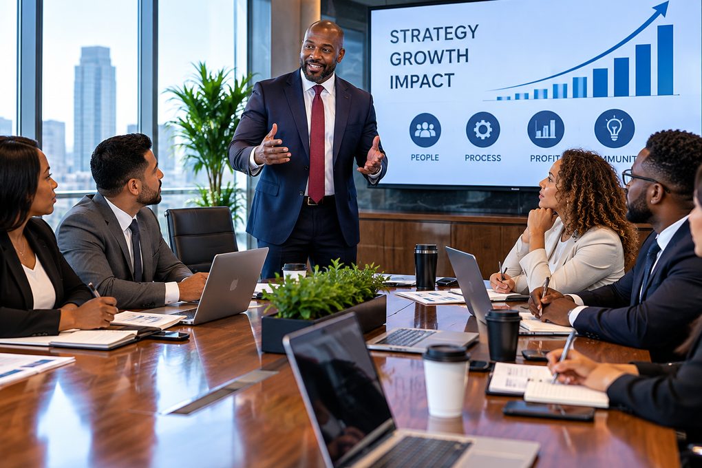 A program leader presenting a growth strategy to his team in a boardroom
