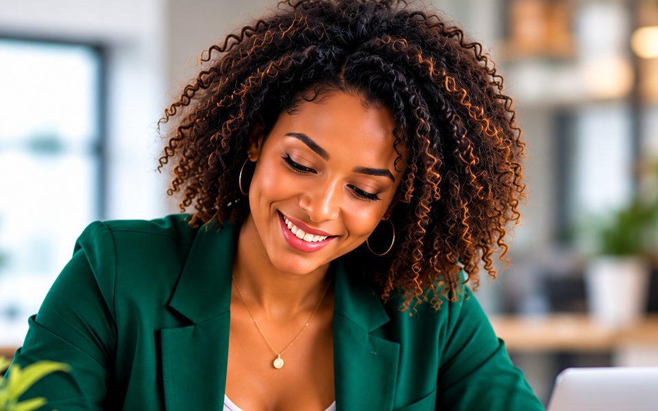 A smiling professional writing notes beside her laptop