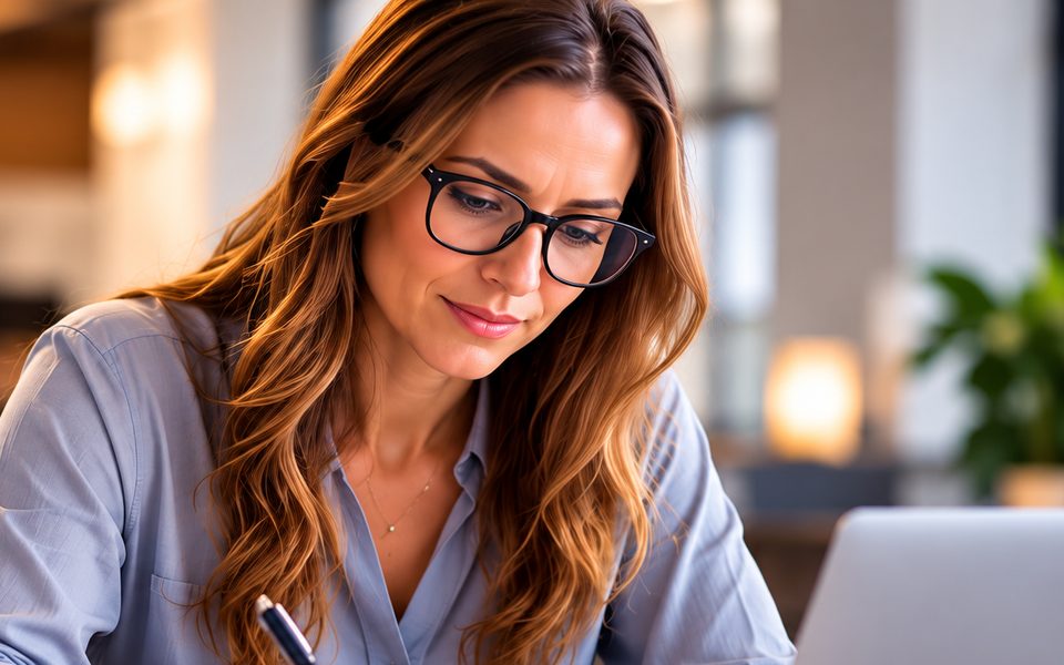 A woman in glasses carefully writing notes for a grant proposal