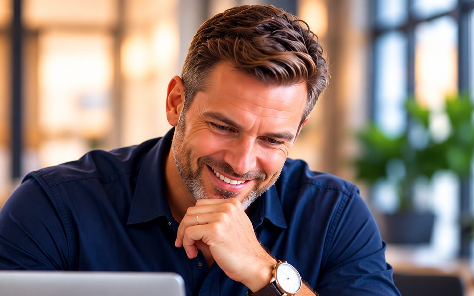 A business owner smiling as he reviews his numbers on his laptop