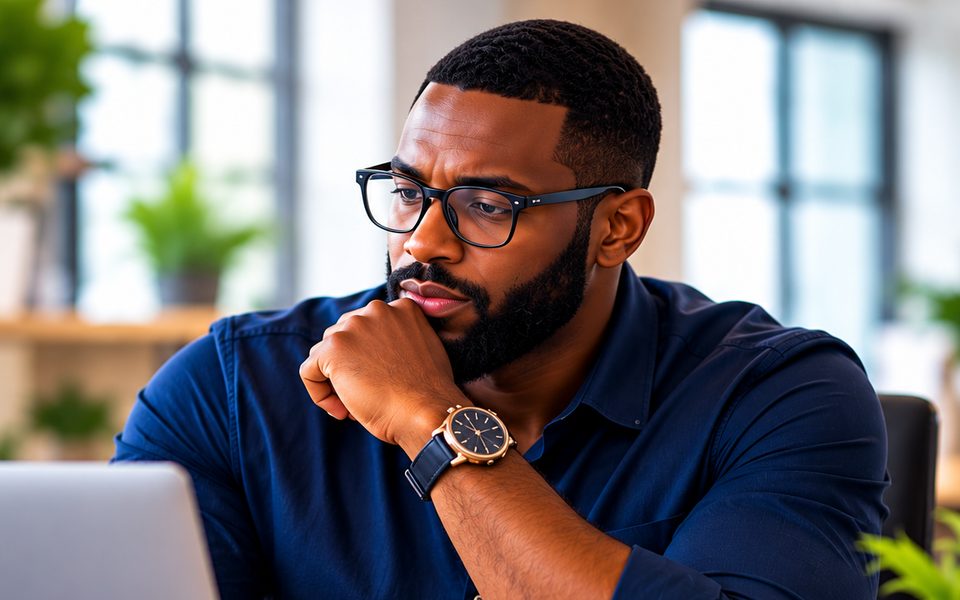 A business owner in glasses thinking through his finances at his laptop