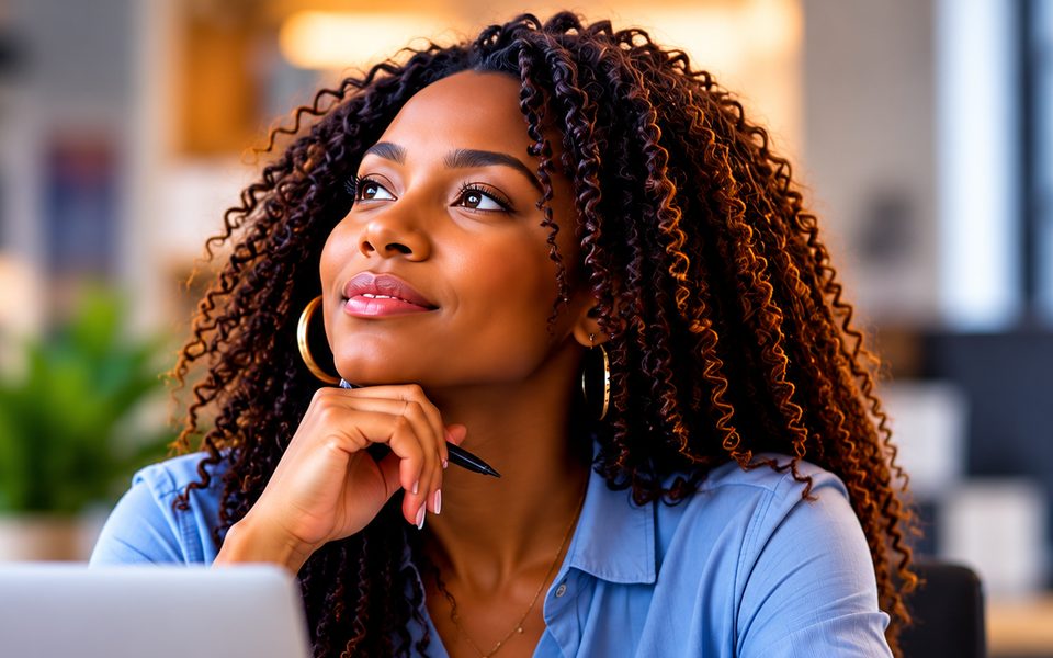 An entrepreneur at her laptop, thinking through her business idea