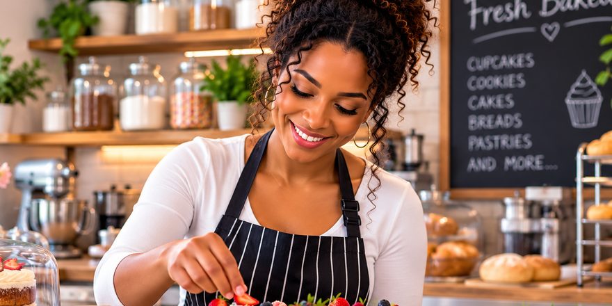 A smiling bakery owner topping cupcakes with fresh berries