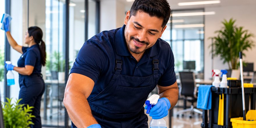 A commercial cleaning crew wiping down desks and windows in an office